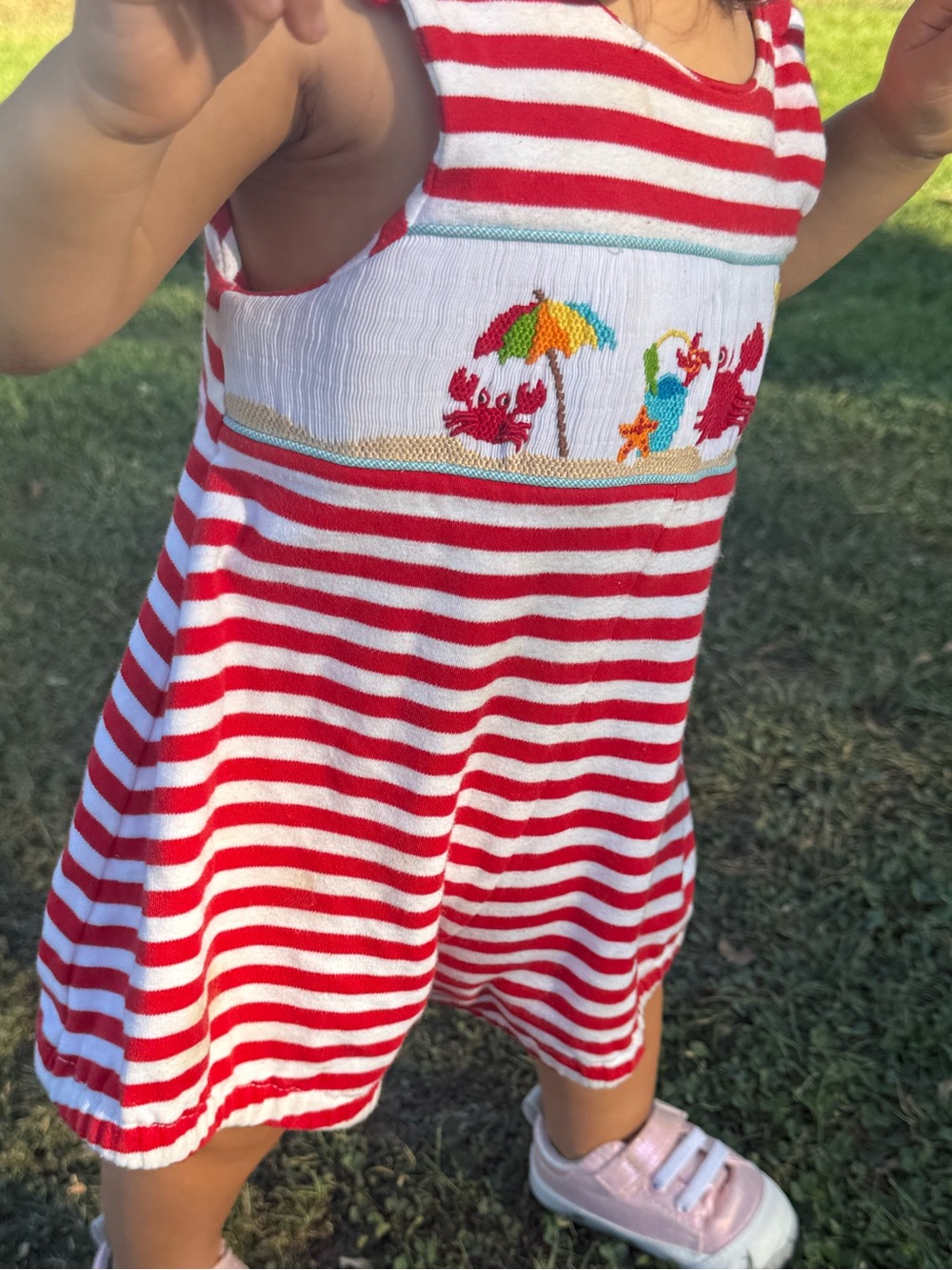 Vintage Beach Baby Red and White Striped Smocked Bubble Size 12 Months